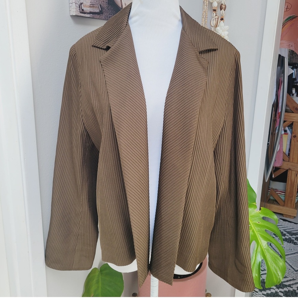 Asiatica Pleated Jacket Open Front Blazer Career Casual‎ Brown OS Vintage Coat